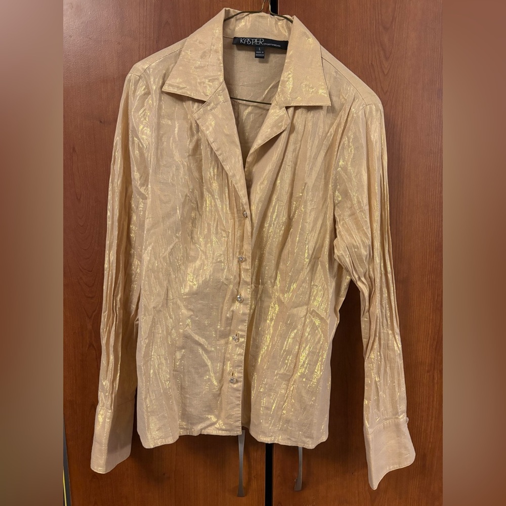 Kasper Metallic Button-Down Blouse – Gold Shimmer – Size L